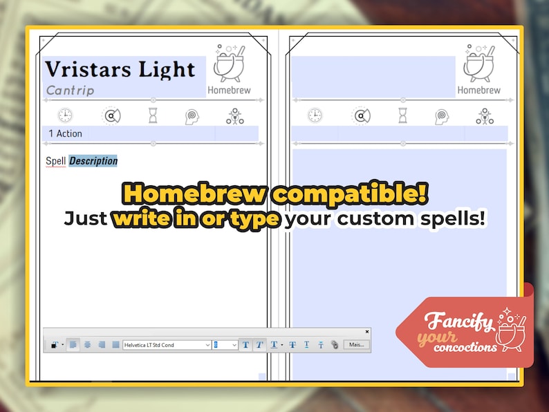 Peut inclure: Une feuille de sorts imprimable Dungeons and Dragons avec le titre "Vristars Light" et le texte "Cantrip" et "Compatible avec le brassage maison&nbsp;! Il suffit d&rsquo;&eacute;crire ou de taper vos sorts personnalis&eacute;s&nbsp;!"