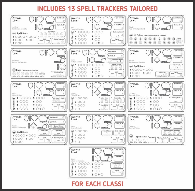 SPELL SLOT TRACKERS for All Classes for Dnd 5e Form Fillable - Etsy