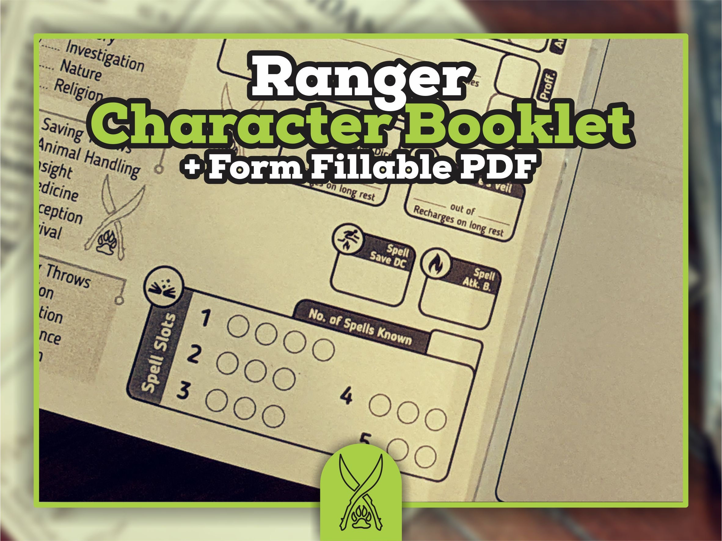 RANGER CHARACTER SHEET for DnD 5e Form Fillable Pdf Dungeons and