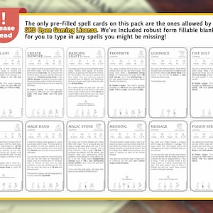 Peut inclure: Un ensemble de cartes de sorts imprimables pour les jeux de r&ocirc;le Dungeons and Dragons (D&D). Les cartes sont en noir et blanc avec une bordure jaune et pr&eacute;sentent une vari&eacute;t&eacute; de sorts, notamment Acid Splash, Create Bonfire, Dancing Lights, Frostbite, Guidance, Fire Bolt, Light, Mage Hand, Magic Stone, Mending, Message et Poison Spray.