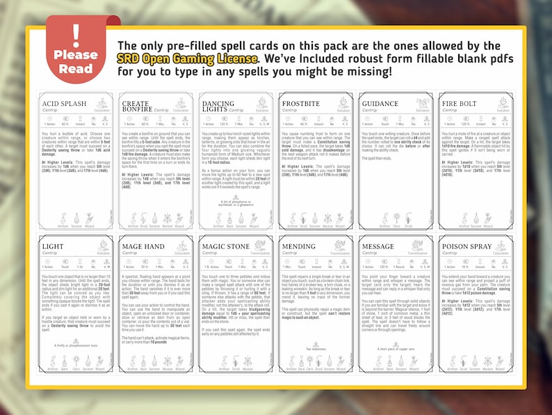 Peut inclure: Un ensemble de cartes de sorts imprimables pour les jeux de r&ocirc;le Dungeons and Dragons (D&D). Les cartes sont en noir et blanc avec une bordure jaune et pr&eacute;sentent une vari&eacute;t&eacute; de sorts, notamment Acid Splash, Create Bonfire, Dancing Lights, Frostbite, Guidance, Fire Bolt, Light, Mage Hand, Magic Stone, Mending, Message et Poison Spray.