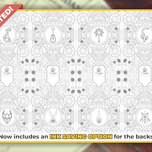 Peut inclure: Un ensemble de 8 cartes imprimables en noir et blanc avec un motif g&eacute;om&eacute;trique et divers symboles au centre de chaque carte. Le texte "UPDATED!" et "Now includes an INK SAVING OPTION for the backs" est visible en haut et en bas de l'image.