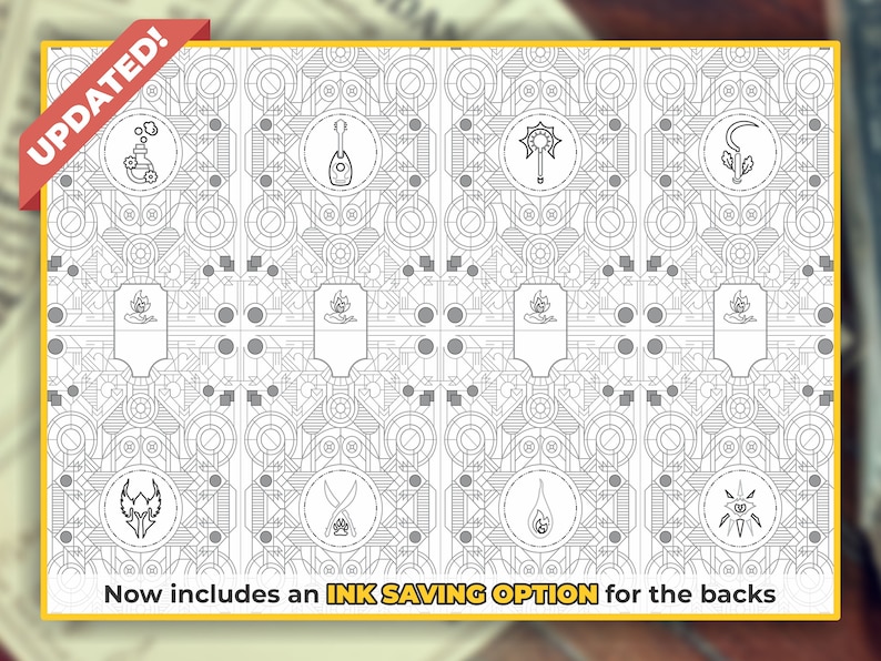 Peut inclure: Un ensemble de 8 cartes imprimables en noir et blanc avec un motif g&eacute;om&eacute;trique et divers symboles au centre de chaque carte. Le texte "UPDATED!" et "Now includes an INK SAVING OPTION for the backs" est visible en haut et en bas de l'image.