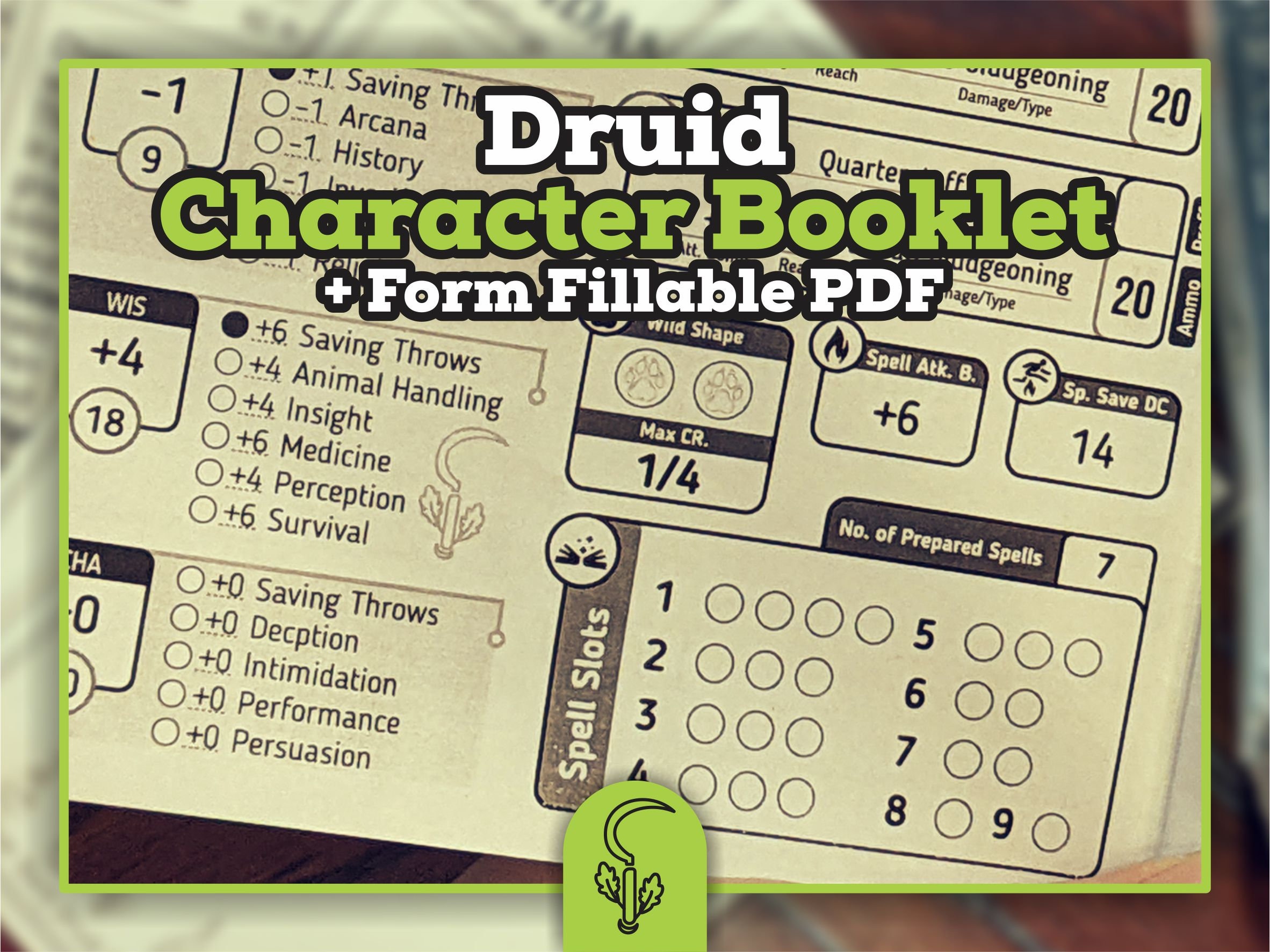 DRUID CHARACTER SHEET for DnD 5e Form Fillable Pdf Dungeons and