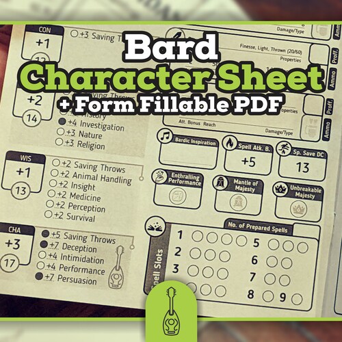 BARD CHARACTER SHEET for Dnd 5e Form Fillable Pdf Dungeons - Etsy