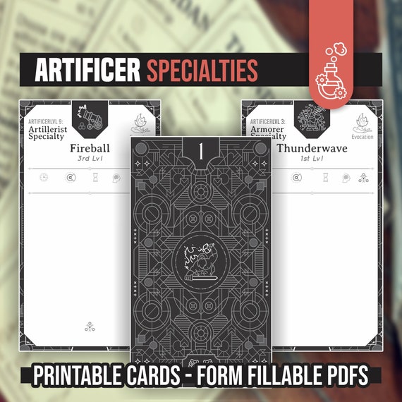 ARTIFICER SPECIALTY CARDS for DnD 5e | Form Fillable PDFs Included | Dungeons and Dragons | D&D | Printable Spell Cards | Dnd Subclasses