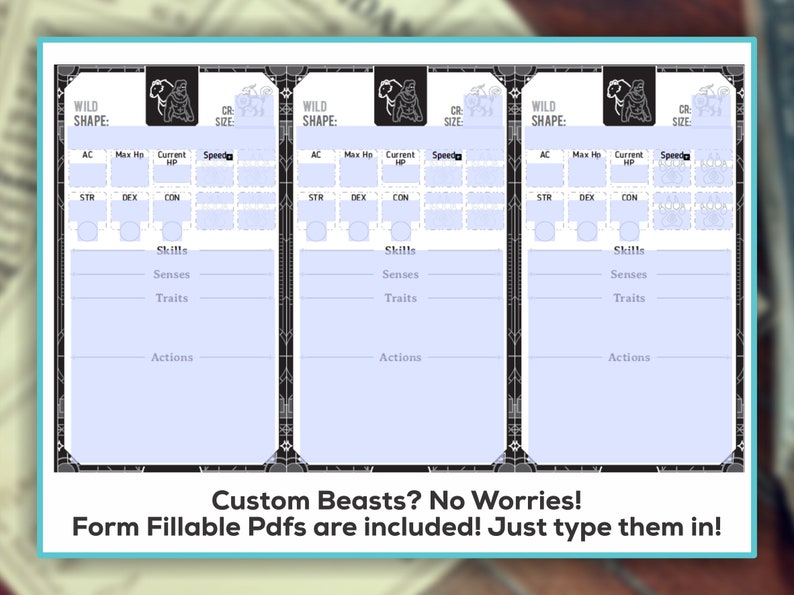 WILD SHAPE CARDS for the Druid Dnd 5e Form Fillable Pdfs Etsy