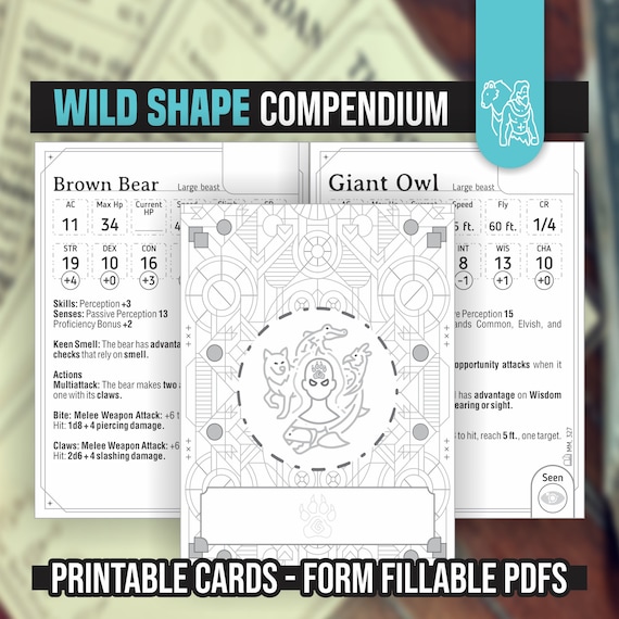 DRUID WILD SHAPE Booklet for DnD 5e | Form Fillable PDFs Included | Dungeons and Dragons | D&D | Printable Booklet