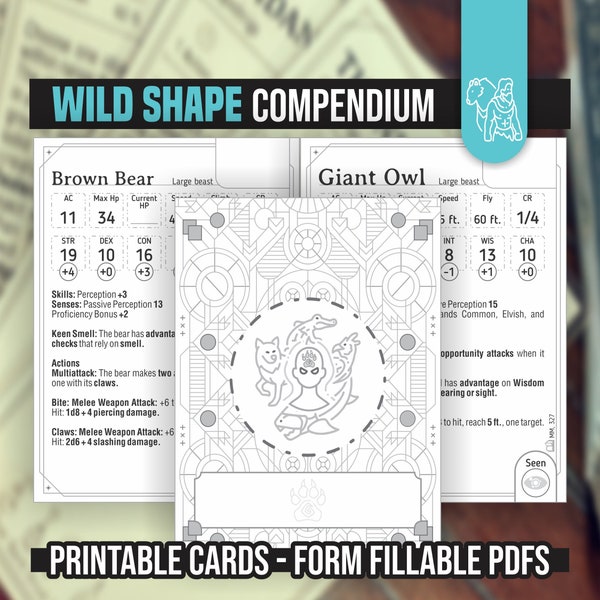 DRUID WILD SHAPE Booklet for DnD 5e | Form Fillable PDFs Included | Dungeons and Dragons | D&D | Printable Booklet