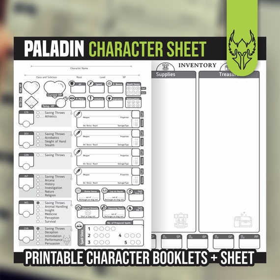 PALADIN CHARACTER SHEET for DnD 5e | Form Fillable Pdf | Dungeons and Dragons | Printable Character Sheet | D&D | DnD Character Journal