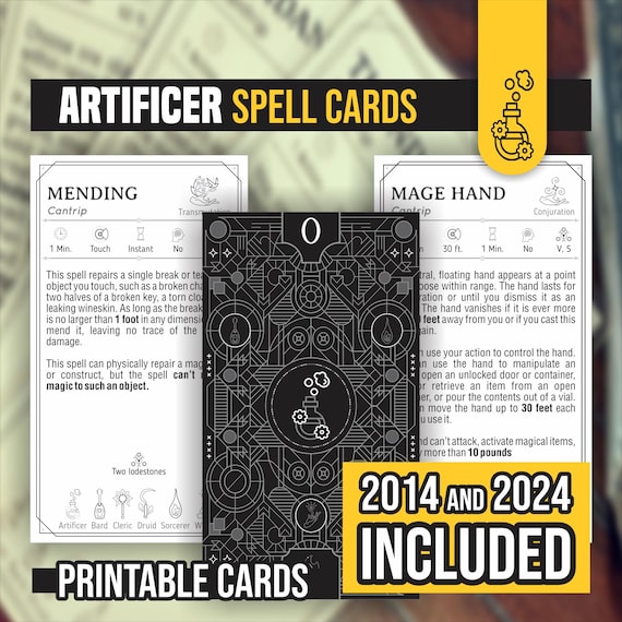 Artificer Spell Cards for DnD 5e: 77 Printable Tarot-Sized Cards (Form Fillable PDFs Included)