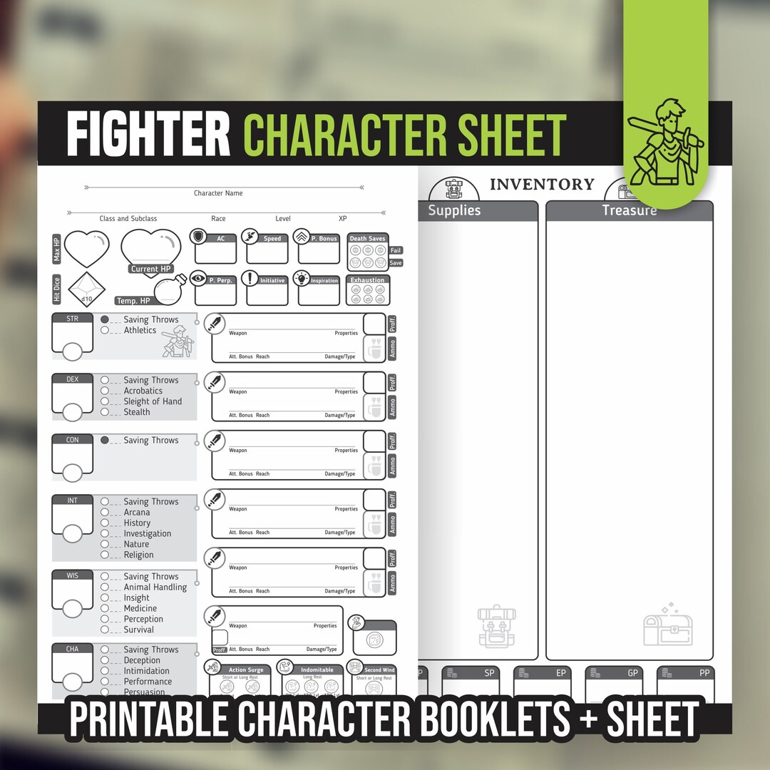 FIGHTER CHARACTER SHEET for Dnd 5e | Form Fillable Pdf | Dungeons and ...