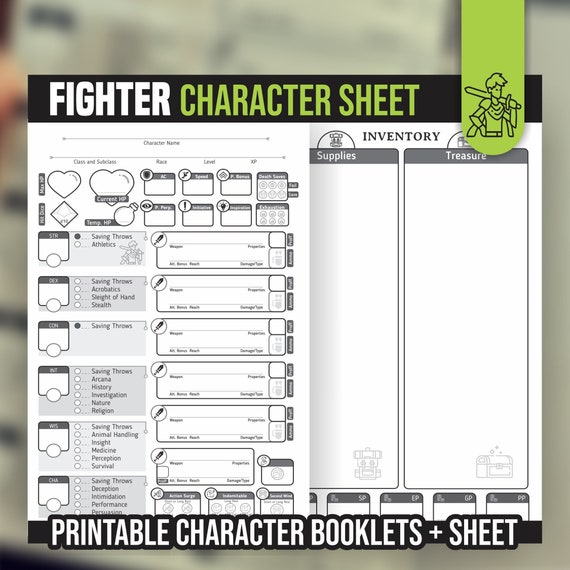 FIGHTER CHARACTER SHEET for DnD 5e | Form Fillable Pdf | Dungeons and Dragons | Printable Character Sheet | D&D | DnD Character Journal