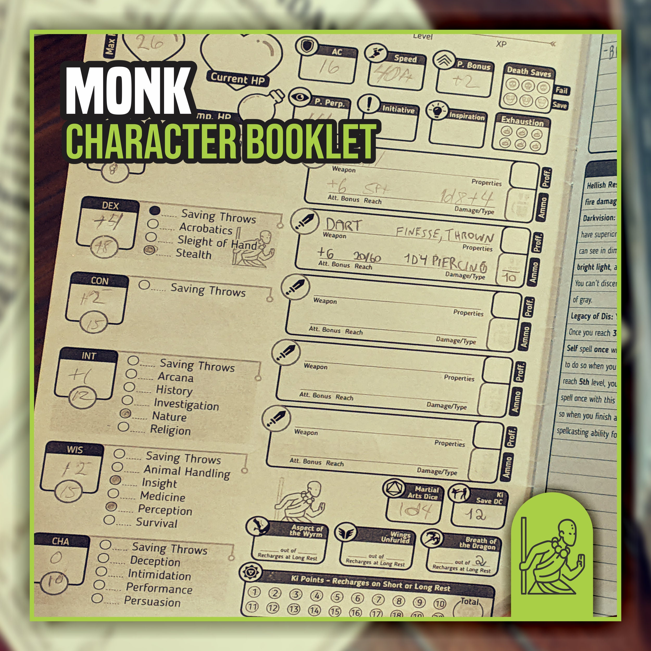 MONK CHARACTER SHEET for DnD 5e | Form Fillable Pdf | Dungeons and ...