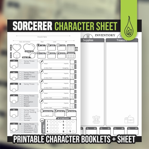SORCERER CHARACTER SHEET for DnD 5e | Form Fillable Pdf | Dungeons and Dragons | Printable Character Sheet | D&D | DnD Character Journal