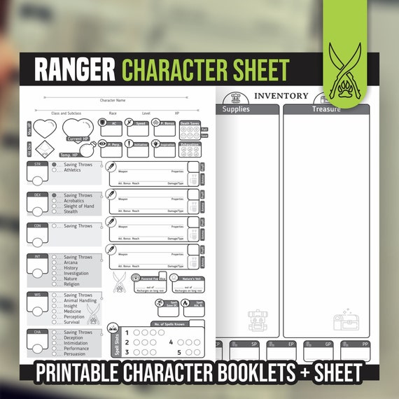 RANGER CHARACTER SHEET for DnD 5e | Form Fillable Pdf | Dungeons and Dragons | Printable Character Sheet | D&D | DnD Character Journal