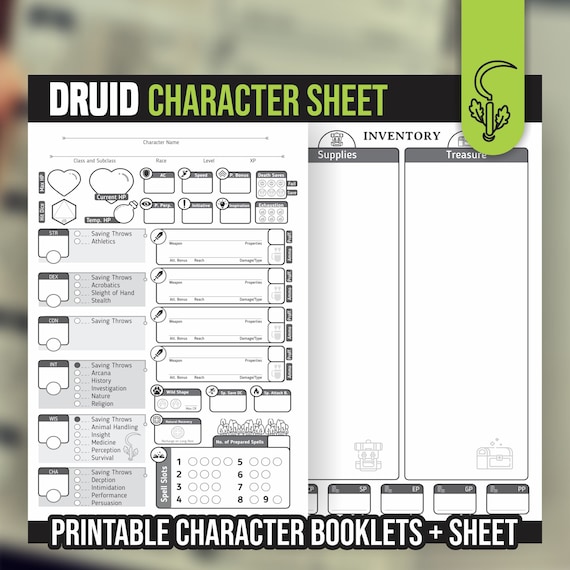 DRUID CHARACTER SHEET for DnD 5e | Form Fillable Pdf | Dungeons and Dragons | Printable Character Sheet | D&D | DnD Character Journal