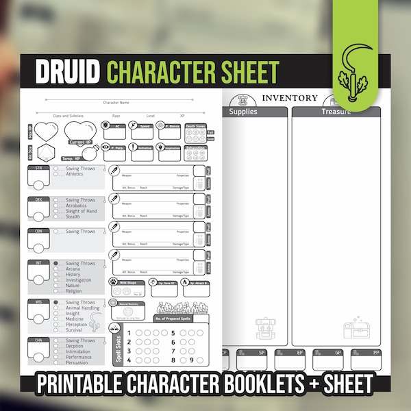 DRUID CHARACTER SHEET for DnD 5e | Form Fillable Pdf | Dungeons and Dragons | Printable Character Sheet | D&D | DnD Character Journal