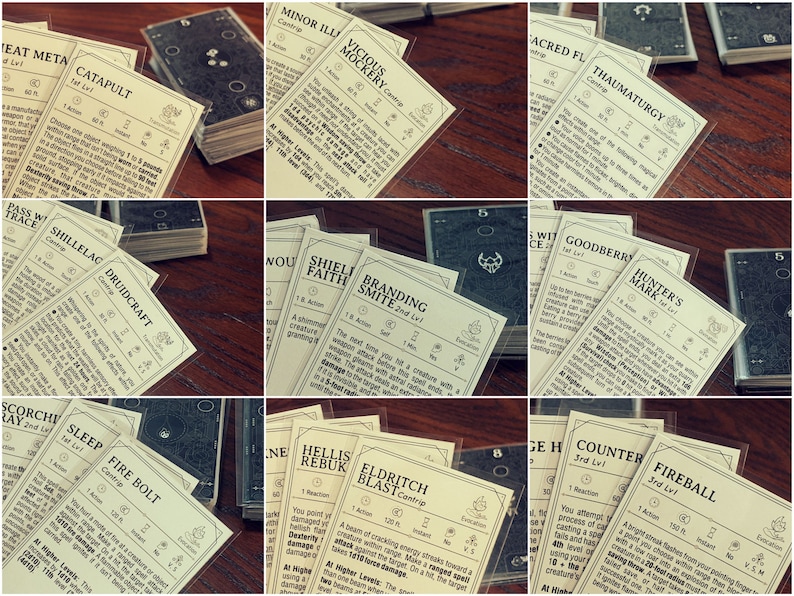 Peut inclure: Un ensemble de cartes de jeu de r&ocirc;le fantastique avec diverses illustrations et textes. Les cartes sont organis&eacute;es en rang&eacute;es et en colonnes, chaque carte pr&eacute;sentant un sort ou une capacit&eacute; diff&eacute;rent. Les cartes sont imprim&eacute;es sur un fond blanc avec du texte noir et des illustrations.