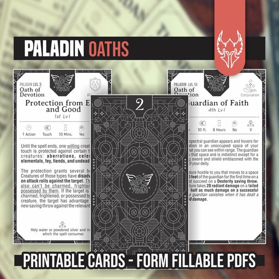 PALADIN OATH CARDS for DnD 5e | Form Fillable PDFs Included | Dungeons and Dragons | D&D | Printable Dnd Spell Cards | Dnd Subclasses
