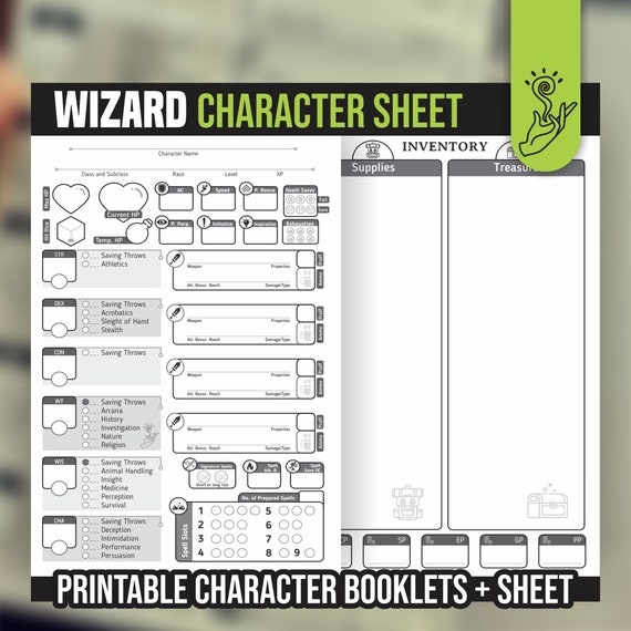 WIZARD CHARACTER SHEET for DnD 5e | Form Fillable Pdf | Dungeons and Dragons | Printable Character Sheet | D&D | DnD Character Journal