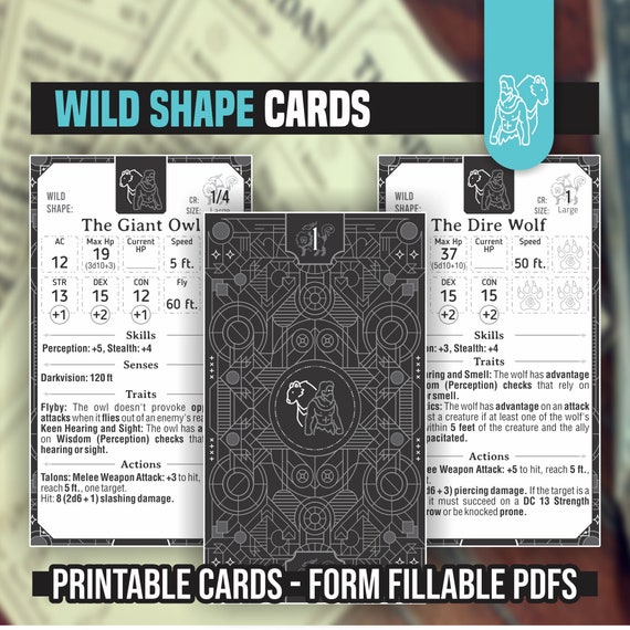 WILD SHAPE CARDS for the Druid DnD 5e | Form Fillable PDFs Included | Dungeons and Dragons | D&D | Printable Cards