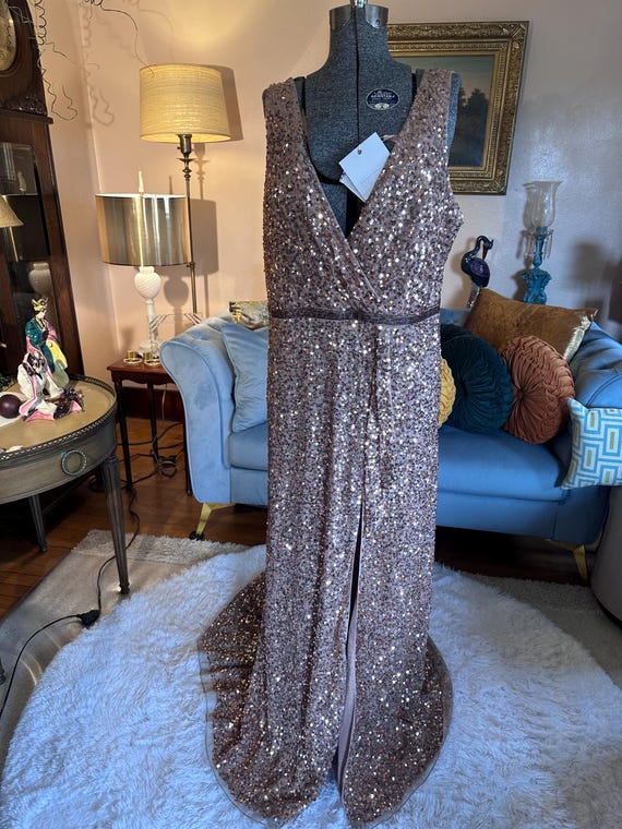 mac duggal rose gold sequin dress Mac Duggal - Black and Gold Sequined Wrap Over Butterfly Sleeve Draped Gown