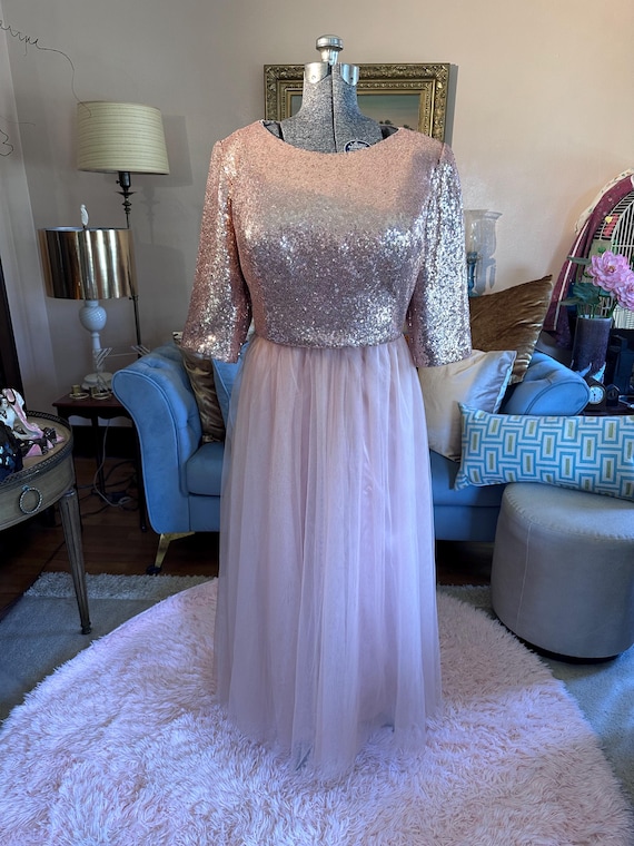 rose gold vintage dress Vintage Sparkly Rose Gold Sequins High Low Formal Dress With Cap Sleeves