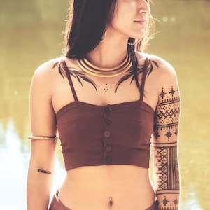 Bohemian crop top - Coconut button crop top - Bohemian cotton tank top - Small corset-effect buttoned crop top