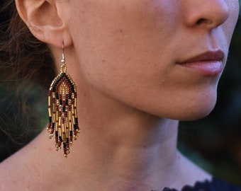 Long seed beads earrings, bohemian tassel ear pendants, fringe native earrings, boho chic jewelry