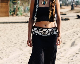 Jupe longue bohème - Jupe noire boho chic avec ceinture de broderies Tribales >>> Jupe APSÂRA