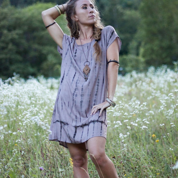 Short Tie&dye dress Midi - Bohemian T-shirt dress for spring and summer - loose, casual, boho