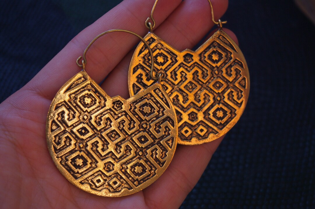 Big Shipibo Earrings Gold Color - Flat Hoop Earrings in Brass - Tribal ...