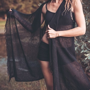 Bohemian Long Vest without sleeves - Cardigan shawl in knitted hemp cotton, boho festival post-apocalypse