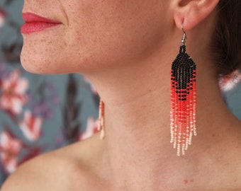 Long seed beads earrings, bohemian tassel ear pendants, fringe native earrings, boho chic jewelry