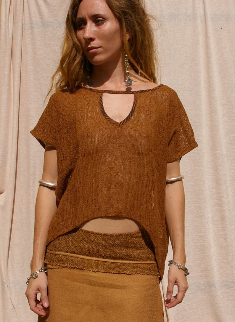 Women T-shirt Bohemian chic in Hemp Festival casual boho top, urban style, ethnic blouse Brown