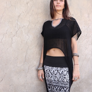 Women T-shirt Bohemian chic in Hemp Festival casual boho top, urban style, ethnic blouse Black