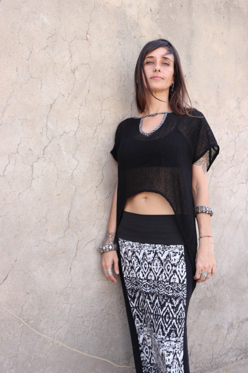 Women T-shirt Bohemian chic in Hemp Festival casual boho top, urban style, ethnic blouse Black