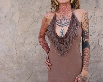 Long bohemian Halter dress • Native and primitive inspired fringe dress • Goa dress
