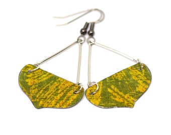 Boho Earrings, Bohemian Earrings, Abstract Green Yellow Recycled Metal Dangle Earrings