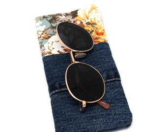 Boho Soft Glasses Case, Bohemian Soft Glasses Case, Mint Floral Denim Soft Glasses Case New