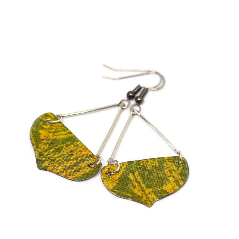 Boho Earrings, Bohemian Earrings, Abstract Green Yellow Recycled Metal Dangle Earrings image 2