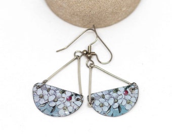 Boho Earrings, Bohemian Earrings, White Floral Recycled Metal Half Moon Dangle Earrings, NEW