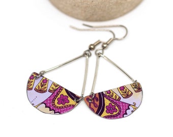 Boho Earrings, Bohemian Earrings, Purple Merry Go Round Recycled Metal Half Moon Dangle Earrings, NEW