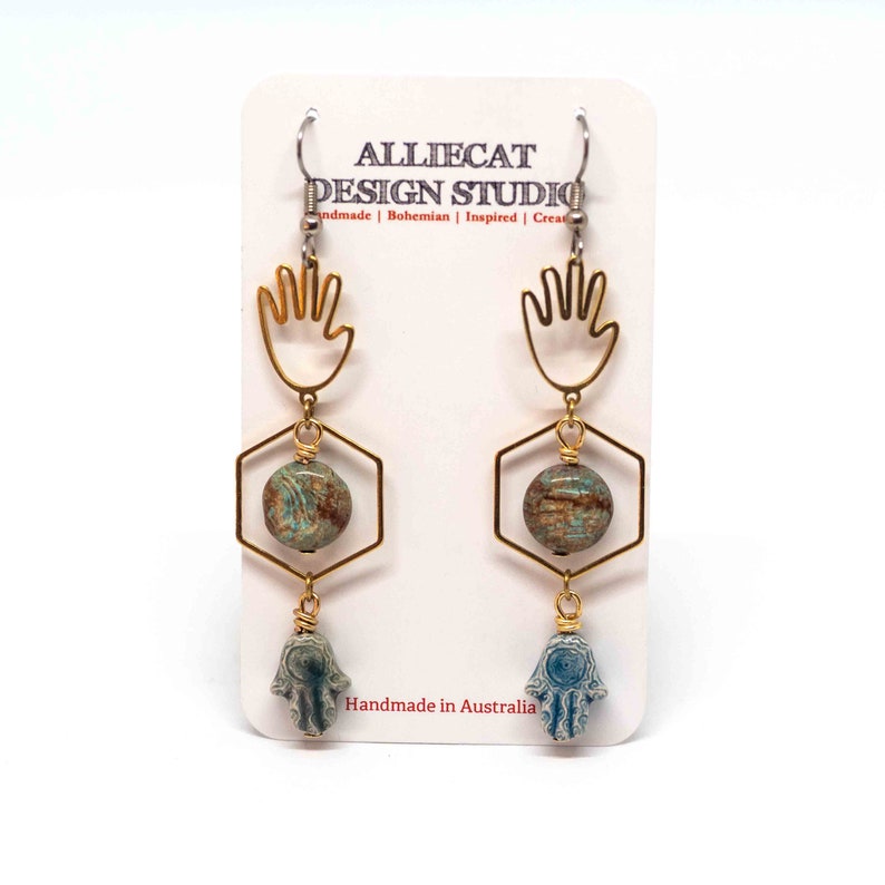 Brass Raku Hand Paisley Jasper Earrings NEW Boho Earrings Bohemian Earrings