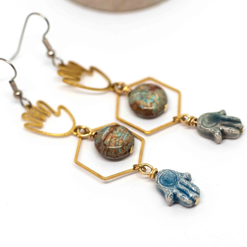 Brass Raku Hand Paisley Jasper Earrings NEW Boho Earrings Bohemian Earrings