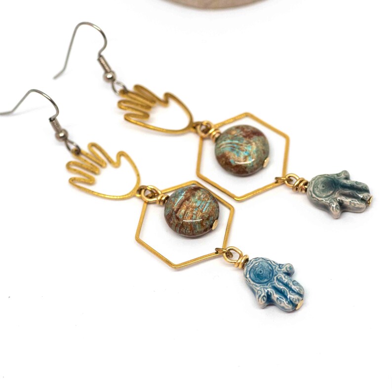 Brass Raku Hand Paisley Jasper Earrings NEW Boho Earrings Bohemian Earrings