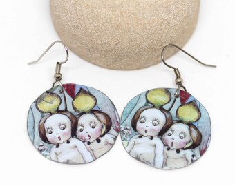 Boho Earrings, Bohemian Earrings, Gumnut Babies Recycled Metal Round Dangle Earrings, NEW