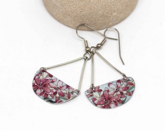 Boho Earrings, Bohemian Earrings, Pink Floral Recycled Metal Half Moon Dangle Earrings, NEW