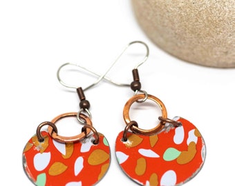 Boho Earrings, Bohemian Earrings, Recycled Metal Orange Tiger Half Moon Copper Earrings